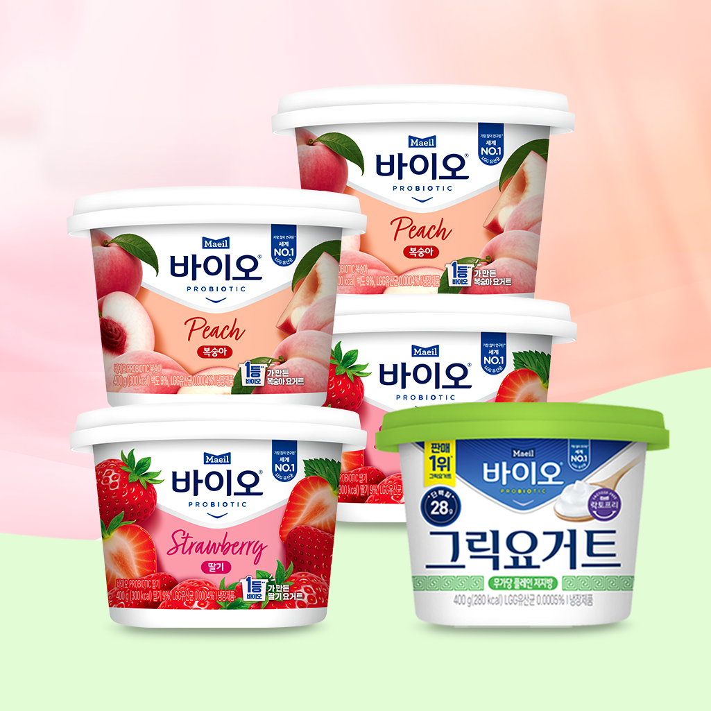 매일바이오 과일요거트400g (딸기 2개, 복숭아 2개) + 그릭요거트 무가당 플레인 저지방400g 1개