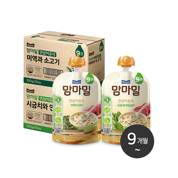 맘마밀 안심이유식 2종 100g 20팩 (미역과 소고기10팩 + 시금치와 연근 10팩)