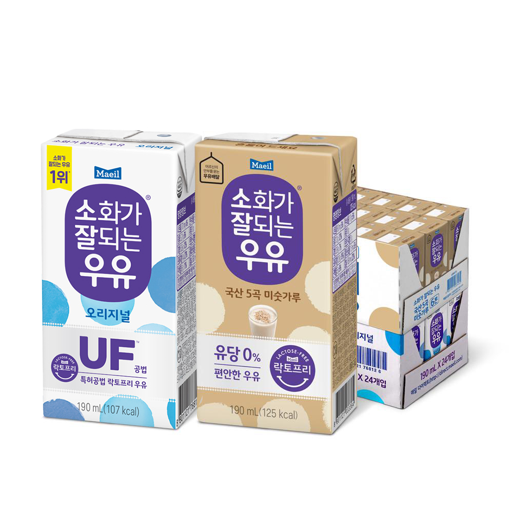 소화가 잘되는 우유 2종 190ml 48팩 (오리지널 24팩 + 미숫가루 24팩)