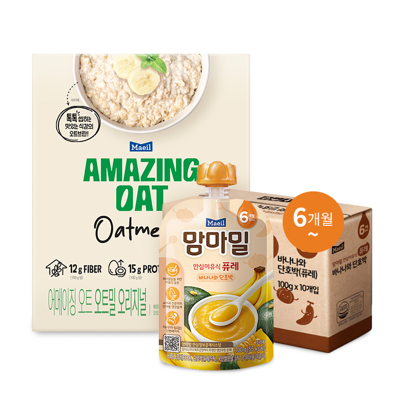 맘마밀 안심이유식 퓨레 바나나와 단호박 100g 10팩 + 어메이징 오트 오트밀 900g