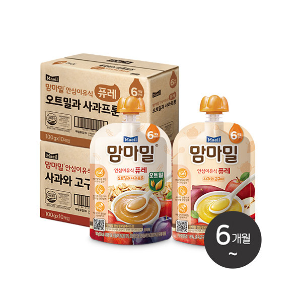 맘마밀 안심이유식 퓨레 100g 20팩 (오트밀과 사과프룬 10팩 + 사과와 고구마 10팩)