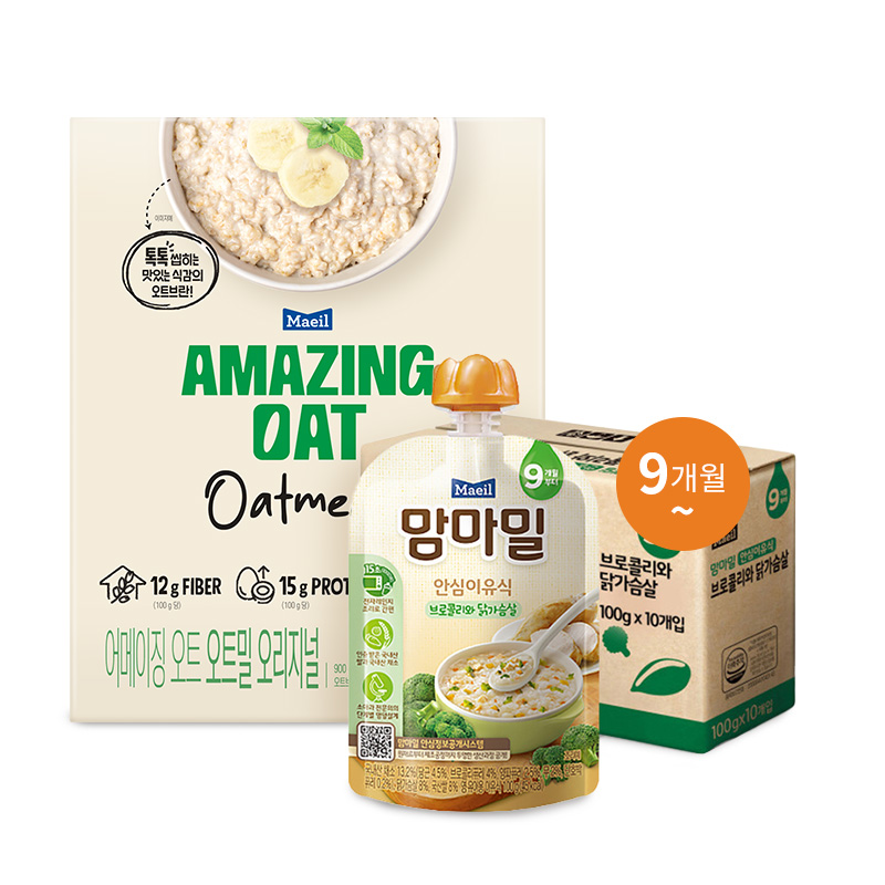 맘마밀 안심이유식 브로콜리와 닭가슴살 100g 10팩 + 어메이징 오트 오트밀 900g