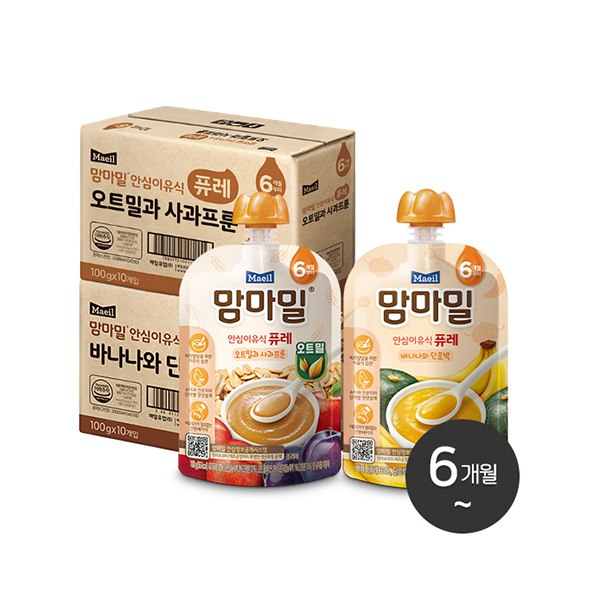 맘마밀 안심이유식 퓨레 100g 20팩 (오트밀과 사과프룬 10팩 + 바나나와 단호박 10팩)
